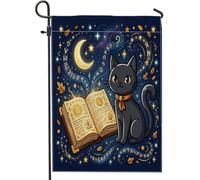 Bandiera da giardino a forma di gatto, fantasioso libro magico luna di Halloween blu su entrambi i lati, piccola bandiera da giardino per esterni, prato, portico, patio, ingresso, 30,5 x 45,7 cm