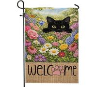 Bandiera da giardino a forma di gatto, fiori fantasiosi primaverili con farfalla verde primavera su entrambi i lati, piccola bandiera da giardino per esterni, portico, prato, patio, terrazza, 30,5 x