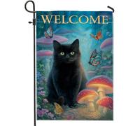 Bandiera da giardino a forma di gatto, fungo incantato e farfalla, decorazione per esterni, striscione stagionale su entrambi i lati, stile mistico della natura, accenti per la casa, 30,5 x 45,7 cm