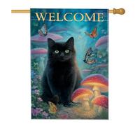 Bandiera da giardino a forma di gatto, fungo incantato e farfalla, decorazione per esterni, striscione per prato stagionale su entrambi i lati, stile mistico della natura, accenti per la casa, 71 x