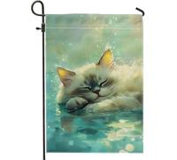 Bandiera da giardino a forma di gatto, gattino bianco con sfondo blu, decorazione per la casa, decorazione stagionale su entrambi i lati, perfetta per gli amanti degli animali, 30,5 x 45,7 cm