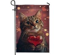 Bandiera da giardino a forma di gatto, gatto soriano marrone che tiene il cuore, bandiere da giardino su entrambi i lati, decorazione per il prato all'aperto per amanti degli animali stagionali