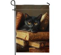Bandiera da giardino a forma di gatto, libri vintage realistici con accenti dorati, nessuna nera, double face, in iuta, decorativa, per esterni, patio, prato, portico, balcone, 30,5 x 45,7 cm