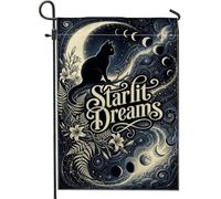 Bandiera da giardino a forma di gatto, mistica fantasiosa luna e stelle, per Halloween, nera, su entrambi i lati, decorativa, per esterni, patio, prato, portico, ingresso, campeggio, 30,5 x 45,7 cm