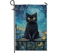 Bandiera da giardino a forma di gatto, mistico cielo notturno, decorazione per la casa e il giardino, decorazione floreale su entrambi i lati, per autunno, Halloween, uso esterno, 30,5 x 45,7 cm
