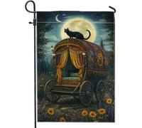 Bandiera da giardino a forma di gatto mistico, decorazione decorativa per esterni al chiaro di luna, decorazione per esterni, bandiera da cortile in iuta su entrambi i lati, per feste autunnali di