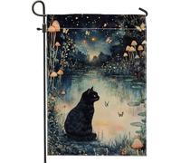 Bandiera da giardino a forma di gatto mistico notturno, bandiera da giardino con felino nero chiaro di luna, decorazione artistica su entrambi i lati, decorazione per il prato all'aperto, ispirata