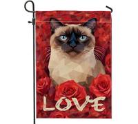 Bandiera da giardino a forma di gatto, moderna e fantasiosa con rose, in iuta rossa, doppia faccia, piccola bandiera da giardino per esterni, patio, prato, portico anteriore, balcone, 30,5 x 45,7 cm
