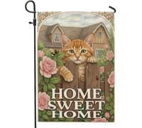 Bandiera da giardino a forma di gatto, per la casa e la natura, con rose, recinto primaverile, arancione, in iuta su entrambi i lati, per esterni, portico, prato, patio, terrazza, 30,5 x 45,7 cm