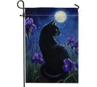 Bandiera da giardino a forma di gatto primaverile ed estate, fiori di iris al chiaro di luna, decorazione per la casa e il cortile, in iuta su entrambi i lati, 30,5 x 45,7 cm