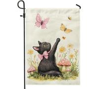 Bandiera da giardino a forma di gatto primaverile ed estate, graziosa gattina con farfalle e fiori, decorazione per esterni, bandiera da cortile in iuta su entrambi i lati, per la decorazione della