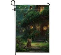 Bandiera da giardino a forma di gatto primaverile ed estate, striscione decorativo per la casa con foresta incantata verde, in iuta su entrambi i lati, 30,5 x 45,7 cm