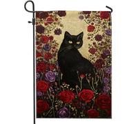 Bandiera da giardino a forma di gatto, rose floreali scure, decorazione per la casa e il giardino, in iuta su entrambi i lati, decorazione per prato all'aperto, decorazione per feste di Halloween