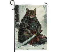 Bandiera da giardino a forma di gatto samurai, decorazione artistica con felino marrone, bandiera invernale in iuta su entrambi i lati, per la decorazione del prato esterno, accenti stagionali per la