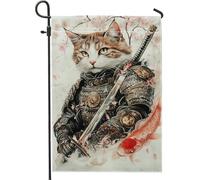 Bandiera da giardino a forma di gatto samurai, decorazione per esterni, motivo gattino guerriero marrone, bandiera in iuta su entrambi i lati, decorazione per il prato primaverile ed estivo, accessori