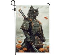 Bandiera da giardino a forma di gatto samurai, guerriero felino nero, decorazione floreale per la casa e il giardino, in iuta su entrambi i lati, decorazione per prato per l'autunno, 30,5 x 45,7 cm
