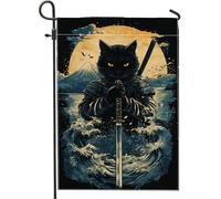 Bandiera da giardino a forma di gatto samurai, guerriero felino nero, decorazione per la casa, bandiere da giardino, bandiera su entrambi i lati, decorazione per prato esterno, 30,5 x 45,7 cm