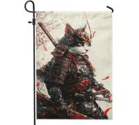Bandiera da giardino a forma di gatto samurai, guerriero nero e bianco, decorazione per la casa e il giardino, in iuta su entrambi i lati, decorazione per prato all'aperto, vacanze autunnali, 30,5 x