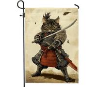Bandiera da giardino a forma di gatto samurai, rustica marrone, decorazione per esterni, bandiera da giardino in iuta su entrambi i lati, per la decorazione del prato, 30,5 x 45,7 cm