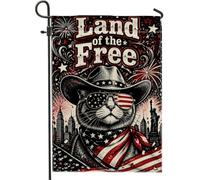 Bandiera da giardino a forma di gatto, stile patriottico vintage con stelle e strisce per il giorno dell'indipendenza, in iuta rossa, su entrambi i lati, per esterni, patio, prato, portico, ingresso