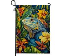 Bandiera da giardino a forma di iguana blu vivace, con foglie tropicali colorate, decorazione per la casa, bandiera decorativa su entrambi i lati, per esterni, 30,5 x 45,7 cm