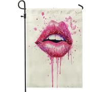 Bandiera da giardino a forma di labbra, moderna e artistica scintillante, non gocciola nessuno, pesca, in iuta, su entrambi i lati, piccola bandiera da giardino per esterni, patio, prato, portico