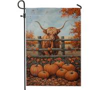 Bandiera da giardino a forma di mucca autunnale, motivo: zucche arancioni, bandiere rustiche per decorazione della casa, bandiere double face in iuta, decorazione stagionale per prato, 30,5 x