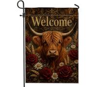 Bandiera da giardino a forma di mucca, rustica con rose e margherite, marrone su entrambi i lati, piccola bandiera da giardino per patio, prato, portico, ingresso campeggio, 30,5 x 45,7 cm