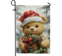 Bandiera da giardino a forma di orso natalizio, grazioso orsacchiotto con ghirlanda, decorazione per la casa e il giardino, in iuta su entrambi i lati, decorazione per prato all'aperto, decorazione