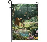 Bandiera da giardino a forma di orso primaverile e estivo, motivo floreale verde, decorazione per la casa all'aperto, decorazione per cortile su entrambi i lati, per feste in prato, 30,5 x 45,7 cm