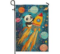 Bandiera da giardino a forma di panda con razzo, colorato spazio avventura, decorazione per la casa, bandiera su entrambi i lati, per bambini, decorazione per prato all'aperto, 30,5 x 45,7 cm