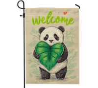 Bandiera da giardino a forma di panda di benvenuto, con foglia verde a forma di cuore, decorazione per la casa, bandiera su entrambi i lati, in iuta, per la decorazione primaverile del prato