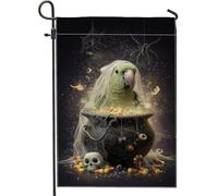 Bandiera da giardino a forma di pappagallo di Halloween, bandiera da giardino con uccello verde spettrale, striscione decorativo per la casa, bandiera in iuta su entrambi i lati, decorazione per