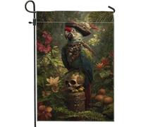 Bandiera da giardino a forma di pappagallo pirata, decorazione floreale tropicale verde per esterni, striscione in iuta su entrambi i lati per decorazione per feste sul prato 30,5 x 45,7 cm