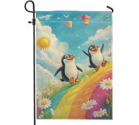 Bandiera da giardino a forma di pinguino primaverile ed estate, striscione decorativo per esterni con uccellini arcobaleno colorati, in iuta su entrambi i lati, decorazione per prato per feste per