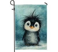 Bandiera da giardino a forma di pinguino, sfondo blu neve invernale nera su entrambi i lati, bandiere decorative per esterni, prato, portico, patio, ingresso, 30,5 x 45,7 cm