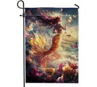 Bandiera da giardino a forma di sirena, con coda di pesce arancione vivace, decorazione estiva floreale per spiaggia, cortile, bandiera artistica su entrambi i lati, per la decorazione esterna della