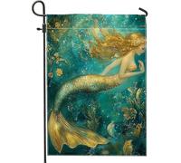 Bandiera da giardino a forma di sirena, decorazione subacquea, motivo oceano estivo a tema oceano, bandiera su entrambi i lati, per la decorazione del prato esterno, 30,5 x 45,7 cm