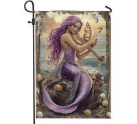 Bandiera da giardino a forma di sirena, decorazione viola sotto il mare, bandiera estiva per prato all'aperto, striscione a tema spiaggia su entrambi i lati, decorazione per feste oceaniche, 30,5 x