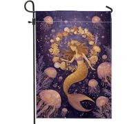 Bandiera da giardino a forma di sirena, fantasiose conchiglie di meduse estive viola su entrambi i lati, piccola bandiera da giardino per esterni, prato, portico, patio, ingresso, 30,5 x 45,7 cm