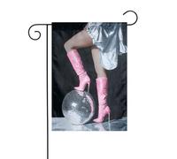 Bandiera da giardino a forma di stivale rosa con tacco a spillo da donna, palla da discoteca, 30 x 45 cm, verticale, double face, decorazione per case in campagna, vacanze, esterni, bandiera da