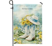 Bandiera da giardino a forma di stivali da cowboy con girasole estivi, cappello floreale bianco, decorazione per esterni, in iuta su entrambi i lati, decorazione per il prato per la casa, stile