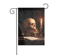 Bandiera da giardino a forma di teschio sui libri con lume di candela, 30 x 45 cm, verticale, double face, decorazione per casa colonica, vacanze, esterni, bandiera da cortile