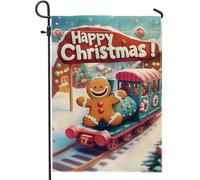 Bandiera da giardino a forma di treno di pan di zenzero, decorazione natalizia colorata per le vacanze, doppia faccia per esterni, bandiera da cortile per le stagioni invernali, cartello natalizio per