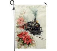 Bandiera da giardino a forma di treno, vintage, con stella di Natale e fumo rosso, double face, decorativa, per esterni, portico, prato, patio, terrazza, 30,5 x 45,7 cm