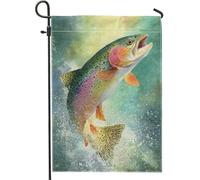 Bandiera da giardino a forma di trota arcobaleno, bandiera decorativa per la casa con pesci colorati, bandiera da giardino in iuta su entrambi i lati, per decorazione esterna, 30,5 x 45,7 cm