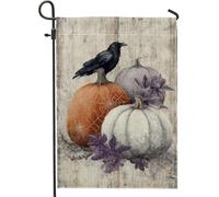 Bandiera da giardino a forma di zucca, arancione bianco viola con corvo, banner double face in iuta per prato esterno, autunno, 30,5 x 45,7 cm