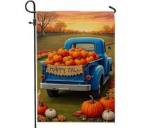 Bandiera da giardino a forma di zucca con scritta "Happy Fall Pumpk", decorazione per esterni con camion vintage blu, in iuta su entrambi i lati, per feste autunnali, 30,5 x 45,7 cm