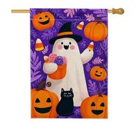 Bandiera da giardino a forma di zucca fantasma di Halloween, decorazione per esterni con simpatico gatto fantasma, viola su entrambi i lati, decorazione autunnale per le vacanze, 71 x 101 cm