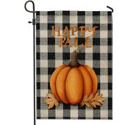 Bandiera da giardino a forma di zucca Happy Fall con motivo scozzese arancione e nero, decorazione per esterni, striscione in iuta su entrambi i lati, per decorazione autunnale del prato, 30 x 45 cm